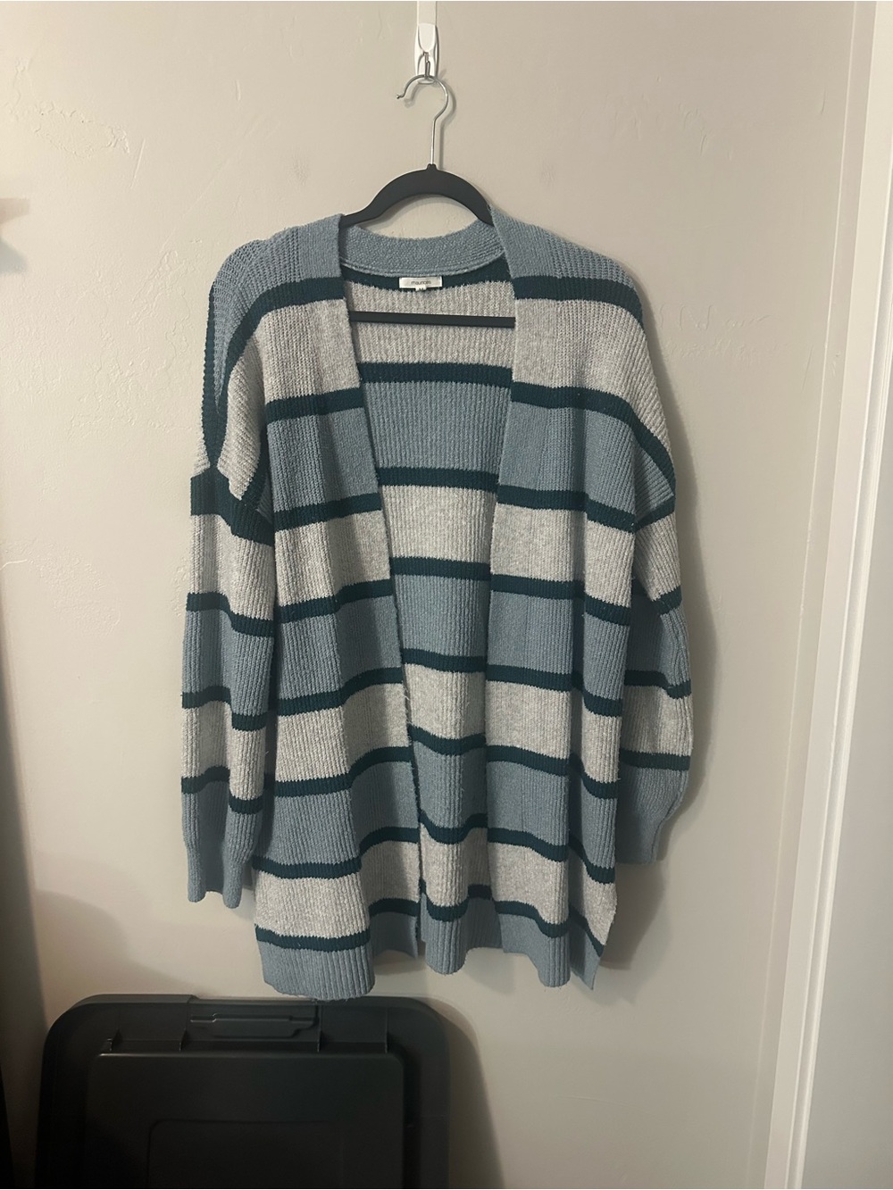 Maurices Light Blue, Cream & Dark Teal Striped Open Cardigan